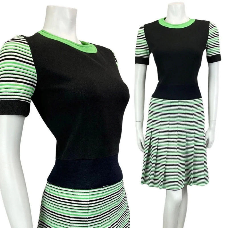 VINTAGE 60s 70s BLACK GREEN WHITE STRIPED PLEATED MIDI MOD DRESS 12 Trendy Knit Midi Dress VINTAGE 60s 70s BLACK GREEN WHITE STRIPED PLEATED MIDI MOD DRESS 12 Trendy Knit Midi Dress