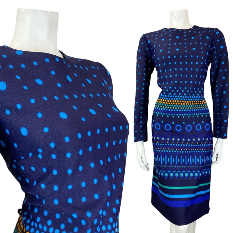 VINTAGE 60s 70s BLUE YELLOW DOTTY GEOMETRIC STRIPED LONGSLEEVE MIDI MOD DRESS 14 Stylish Pleated Skirt Midi Dress