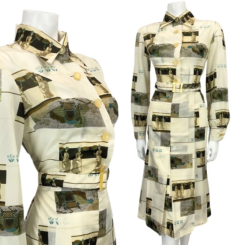 VINTAGE 60s 70s OFF WHITE BEIGE TAN NOVELTY PRINT BELTED MIDI MOD DRESS 12 Comfortable Deep V Midi Dress VINTAGE 60s 70s OFF WHITE BEIGE TAN NOVELTY PRINT BELTED MIDI MOD DRESS 12 Comfortable Deep V Midi Dress