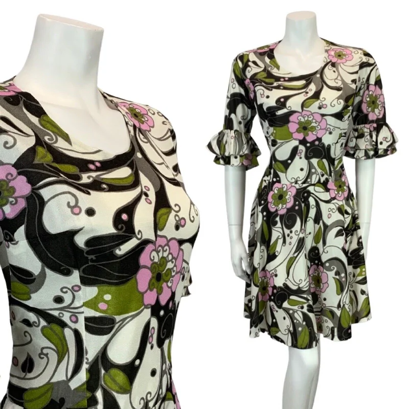 VINTAGE 60s 70s PINK GREEN BLACK PSYCHEDELIC MIDI RUFFLE DRESS 12 Elegant Sleeveless Midi Dress