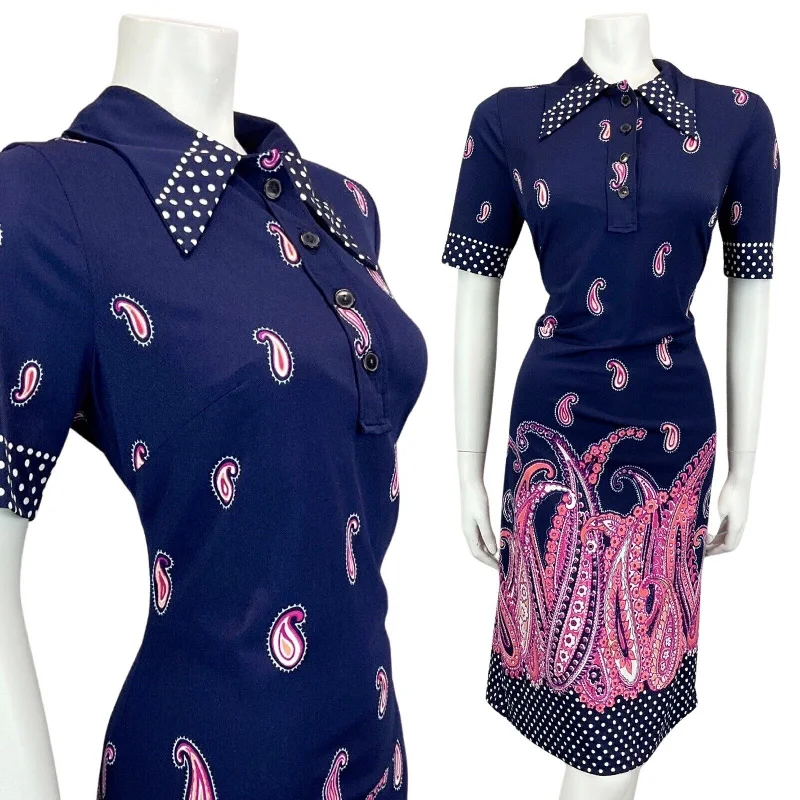 VTG 60s 70s NAVY BLUE PINK CORAL PAISLEY PRINT POLKA DOT MIDI MOD DRESS 12 14 Trendy Shift Midi Dress VTG 60s 70s NAVY BLUE PINK CORAL PAISLEY PRINT POLKA DOT MIDI MOD DRESS 12 14 Trendy Shift Midi Dress