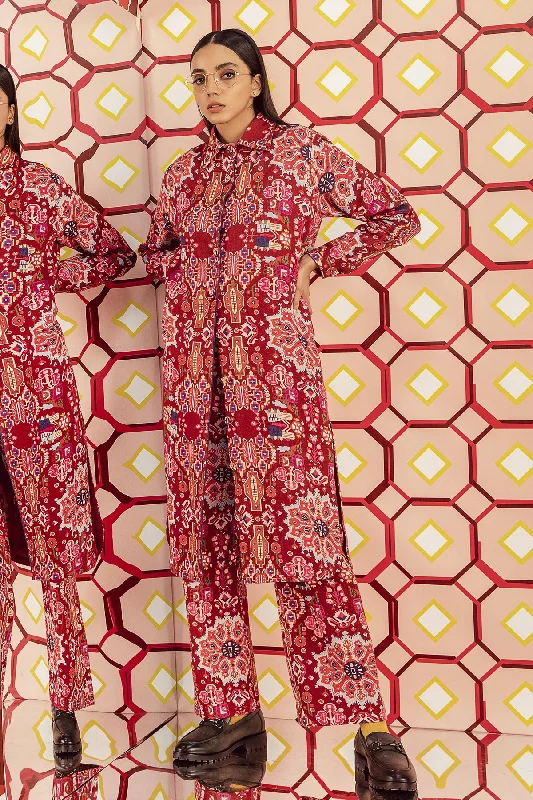 Kashan red print hand embroidered long shirt in handloom organic herringbone cotton-- Front Pockets Side Pockets Patch Pockets Kashan red print hand embroidered long shirt in handloom organic herringbone cotton-- Front Pockets Side Pockets Patch Pockets