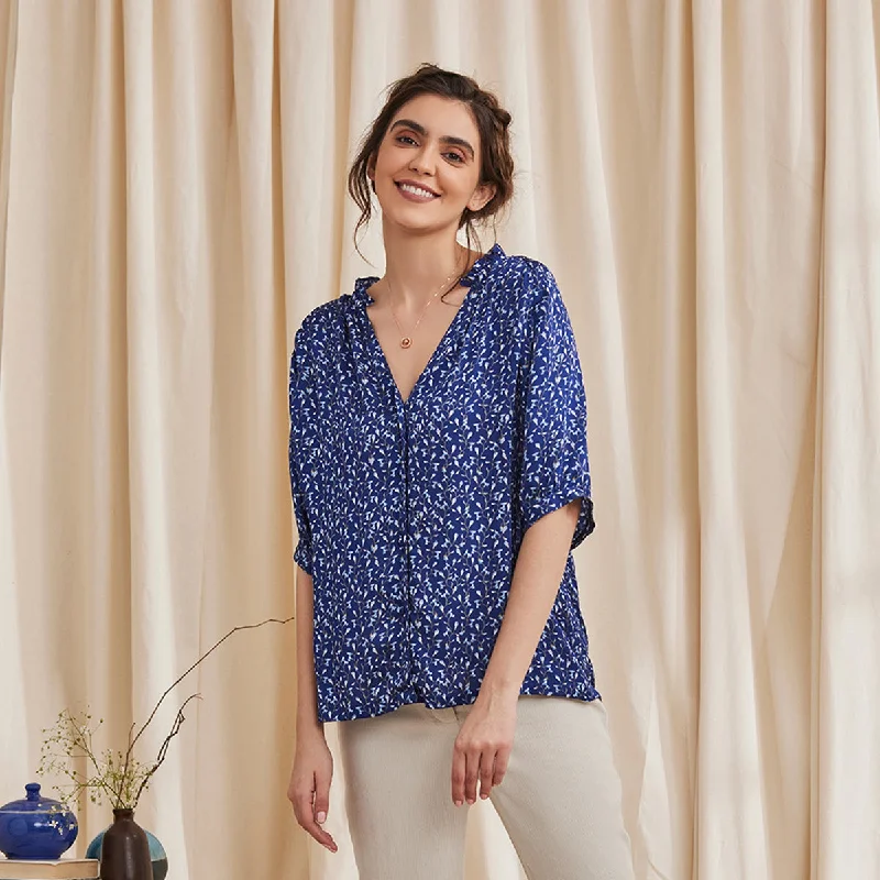 B77 LIVIA Formal Printed Modal Satin Royal Blue Women's Shirt-- Asymmetrical Pockets Print B77 LIVIA Formal Printed Modal Satin Royal Blue Women's Shirt-- Asymmetrical Pockets Print