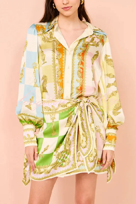 Vacay Mode Satin Unique Print Tie-up Design Wrap Mini Dress Classic Floral Mini Dress Vacay Mode Satin Unique Print Tie-up Design Wrap Mini Dress Classic Floral Mini Dress