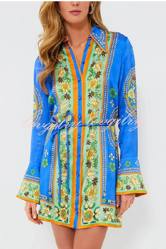 Katia Satin Unique Print Shaped Collar Tie-up Waist Shirt Mini Dress Stylish Short Sleeve Mini Dress Katia Satin Unique Print Shaped Collar Tie-up Waist Shirt Mini Dress Stylish Short Sleeve Mini Dress