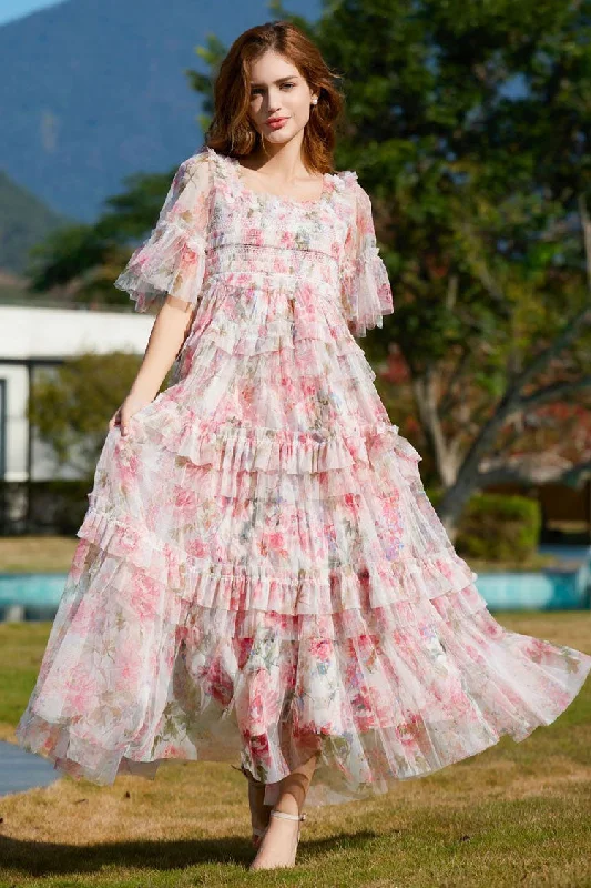Romantic Square Neck Summer Floral Tulle Ruffle Layered Evening Maxi Dress - Pink Boat Neckline Classic Romantic Square Neck Summer Floral Tulle Ruffle Layered Evening Maxi Dress - Pink Boat Neckline Classic