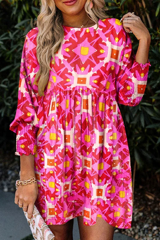 Strawberry Pink Geometric Print Smocked Cuffs Pleated Mini Dress Classic Striped Mini Dress Strawberry Pink Geometric Print Smocked Cuffs Pleated Mini Dress Classic Striped Mini Dress