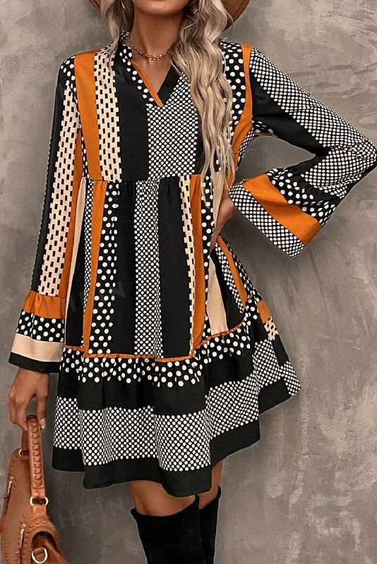 Black Striped Polka Dot Print Ruffle Hem V Neck Loose Mini Dress Casual High-Waist Mini Dress Black Striped Polka Dot Print Ruffle Hem V Neck Loose Mini Dress Casual High-Waist Mini Dress
