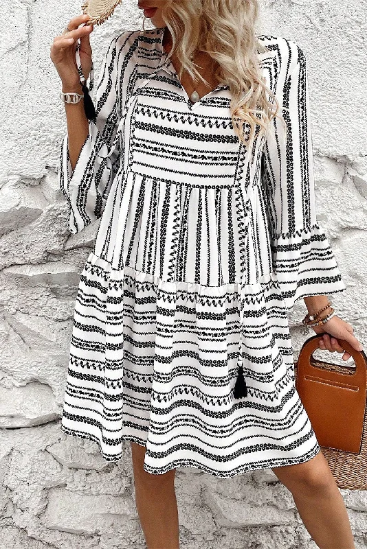 Black Striped Fringe Tie Neck Bell Sleeve V Neck Mini Dress Trendy Camisole Mini Dress Black Striped Fringe Tie Neck Bell Sleeve V Neck Mini Dress Trendy Camisole Mini Dress