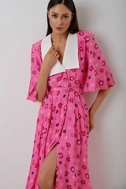 French Spread Collar Short Sleeve Button Down Floral Midi Dress - Pink Turtleneck Warm Winter French Spread Collar Short Sleeve Button Down Floral Midi Dress - Pink Turtleneck Warm Winter