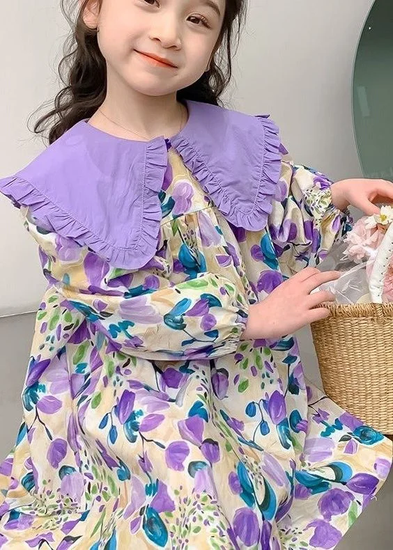 Stylish Purple Peter Pan Collar Print Girls Long Dresses Long Sleeve SS1058 Tunics Lace romantic Stylish Purple Peter Pan Collar Print Girls Long Dresses Long Sleeve SS1058 Tunics Lace romantic