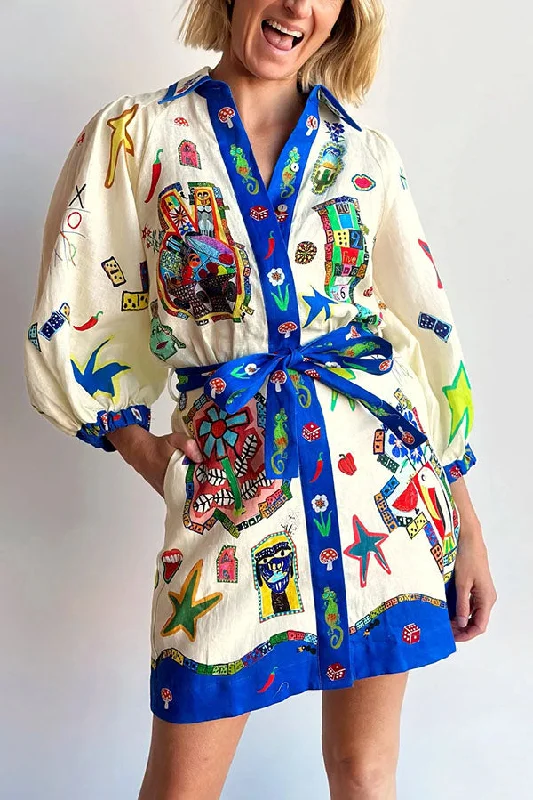 Linen Blend Unique Printed Balloon Sleeve Pocket Tie Waist Mini Dress Casual V-Neck Mini Dress Linen Blend Unique Printed Balloon Sleeve Pocket Tie Waist Mini Dress Casual V-Neck Mini Dress
